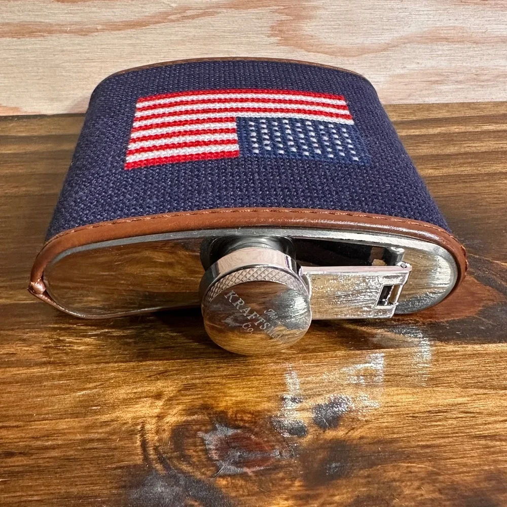 Needlepoint Flask Stars and Stripes American Flag Stainless Steel Kraftsman Co